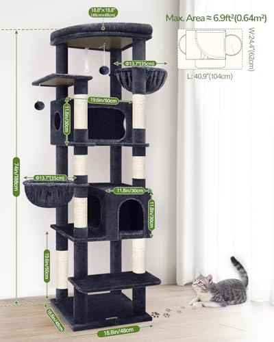 Image of Globlazer Heavy Duty Cat Tree, 74in Sturdy Cat Tower for Large Cats Adult, Big Cat Tree with 7 Sisal Scratching Posts, 2 Padded Condos, 2 Dual-Ear Hanging Baskets, Enlarged Top Perch, S74, Dark Grey