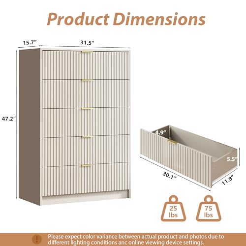 Image of MAISONARIA 5 Drawer Dresser for Bedroom, Tall Dresser Chest of Drawers with Gold Handles, 32 Inch Wide Nightstand with for Bedroom, Living Rooms, Offices, and Entryways, Beige