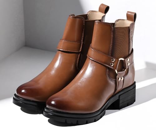 Image of LOUIS STITCH Women's High Ankle Boots| Round Buckle with Straps Slip-On Boots | Casual Slip-On Long Boots for Women | Casual & Formal Outings | LSLD-CLBT-RBTS