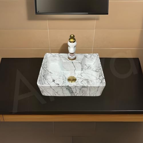 Image of Artiva Designer Ceramic Table Top Wash Basin For Bathroom /Wall Mounted Bathroom Sink /Wall Hung Washbasin /White Wash Basin For Cabinet, Countertop, Vanity (Statuario White 16 x 12 x 5 Inch)