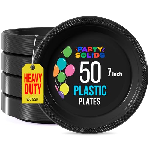 Exquisite Party Solids Black Plastic Plates For Party Supplies 7 Black Disposable Plates Heavy Duty 50 Pcs Plastic Dinnerware Sets Heavy Duty 350 GSM Disposable Dinnerware Set