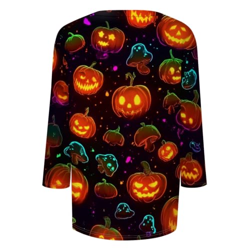 Image of Women Spooky Halloween Graphic Shirt 3 /4 Length Sleeve Crewneck Top | Halloween Funny Printed Pumpkin Plus Size Tshirts 2026 Fall Outfits Skeleton Tee Going Out Tops