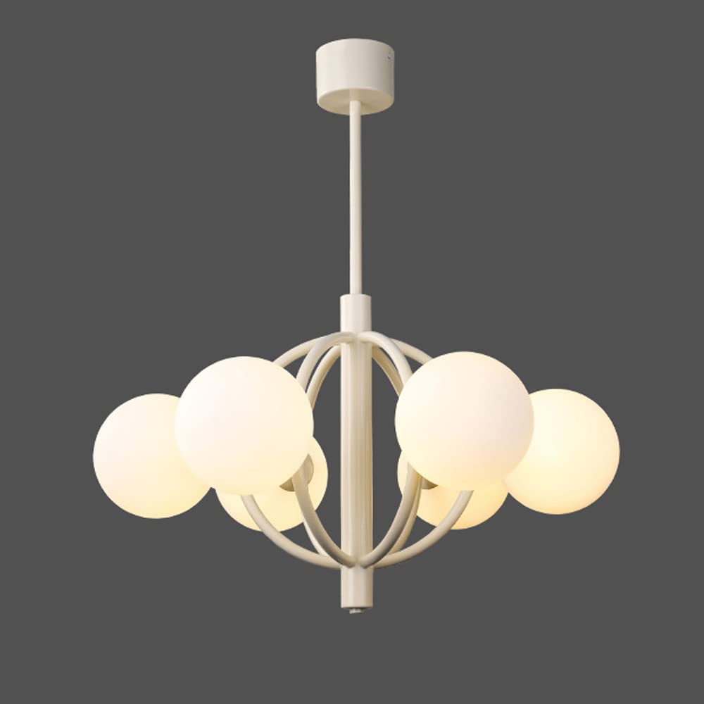 Jasnobeżowa żelazna lampa sufitowa z 6 lampami, nowoczesna i opływowa lampa wisząca do salonu lub sypialni, ze szklanym kloszem, 3 przedłużkami w zestawie (10 + 20 + 20 cm), trzonek G9