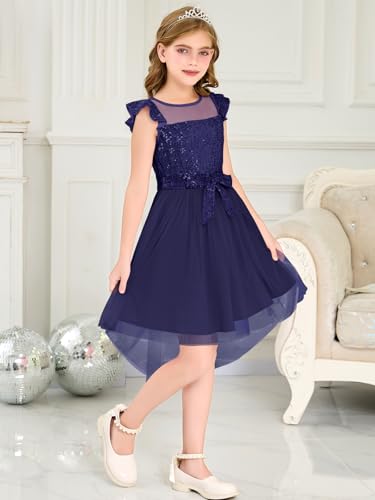 Girls Dress Ruffle Sleeve Sparkly Sequin Tulle Princess Dress for Birthday Party High Low Dress with Belt 5-14 Years4