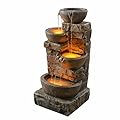 Teamson Home 33.27 in. Cascading Bowls and Stacked Stones LED Outdoor Water Fountain for Gardens, Landscaping, Patios, Balconies, and Lawns for a Calming Oasis in Outdoor Living Spaces, Brown