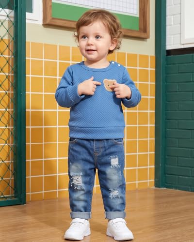 Image of NZRVAWS Toddler Baby Boy Clothes Pullover Sweater Ripped Jean Sweatsuit Little Boy Outfit Fall Winter Clothing Set 6M-7T