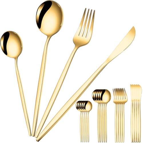 PEIRONG 24-Piece Gold Silverware Set for 6, Stainless Steel Flatware Cutlery Set, Eating Utensils Set Tableware Included Steak Knives Spoons and Forks Set For Home,Restaurant,Party