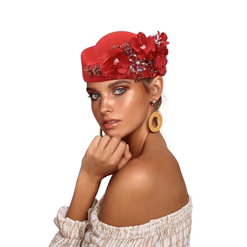 European and American Retro British Felt Headscarf hat Women's Church Derby Headdress with Floral Women's Soft Beret (Red)