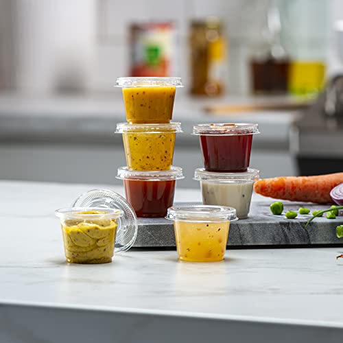 Image of ELEGANT DISPOSABLES (1 oz - 100 Sets Clear Diposable Plastic Portion Cups With Lids, Small Mini Containers For Portion Controll, Jello Shots, Meal Prep, Sauce Cups, Slime, Condiments, (Pack of 2)