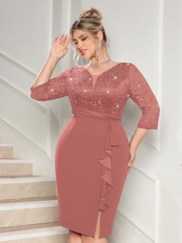 Image of MISSMAY Plus Size Lace Ruffle Cocktail Party Dress | Sequined Dress,V Neck,Ruffle Split Hem,Party Dress,Sparkle,Curvy Women,Bodycon Dress