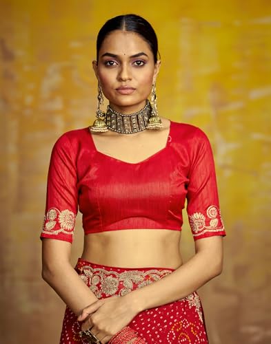 Image of SIRIL Women's Bandhani Printed Georgette Sequence Lace Scalloped Border Saree with Unstitched Blouse Piece