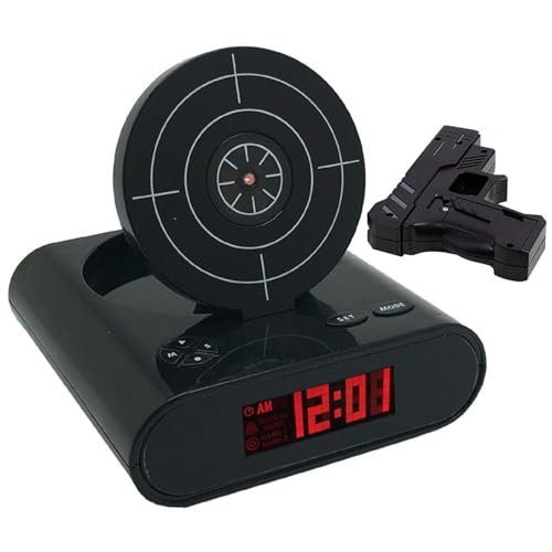 Reloj despertador de disparo con pistola, pantalla LED, 2 modos de alarma, personalización de tono de llamada, para el hogar, oficina, sala de estar (negro)