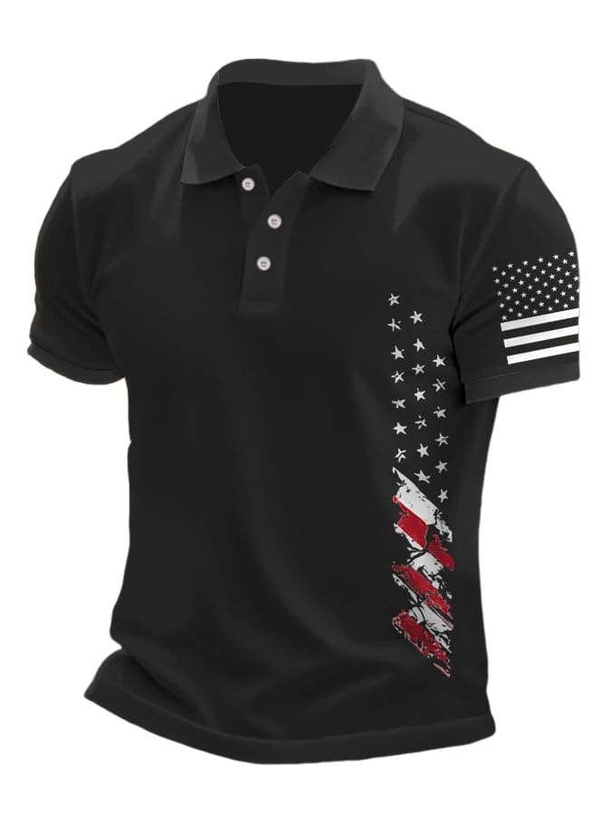 Men's Retro Flag Print Casual Polo Shirt Patriotic Christian Shirt