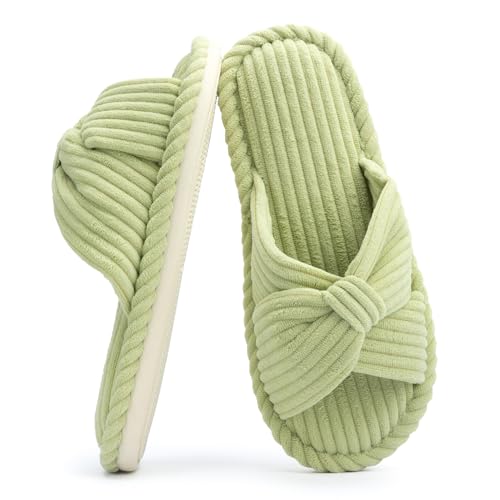 Chantomoo Slippers for Women Memory Foam House Womens Slipper Slides Home Bedroom Bathroom Spa Open Toe Corduroy Bow Slippers Cozy Comfortable Green Size 4.5 5 6 by Chantomoo - Used condition - US$10.63
