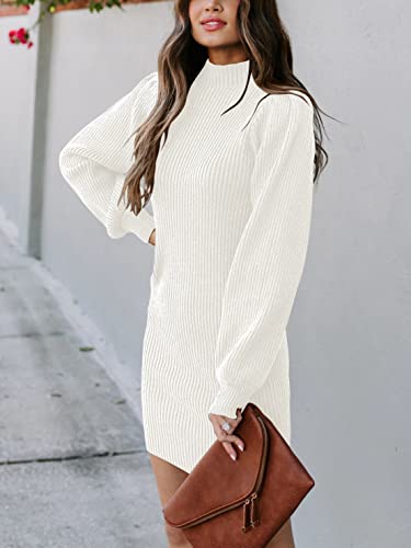 Anrabess Women Polo Neck Knit Stretchable Elasticity Long Slim Sweater Turtleneck Bodycon Mini Dress A145Bai-M White #TOP2