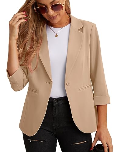 GRECERELLE Blazer elegante para mujer, chaqueta de manga 3/4, para negocios, casual, trabajo, oficina, chaqueta tipo blazer para traje y blazers, cárdigans con bolsillos y botón para mujer