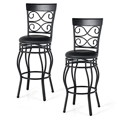 COSTWAY Bar Stools Set of 2, 360 Degree Swivel, 30" Bar Height Bar Stools, Leather Padded Seat Bistro Metal Bar Chairs with Back for Kitchen Island, Pub (Set of 2)