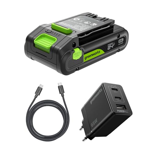 Greenworks 24V 2Ah Batterie High Power USB-C & Chargeur USB-C 65 W & Câble Kit, Compatible avec Tous Les Outils Greenworks 200+ de la Série 24 V, Garantie 2 Ans - K2S2BEA