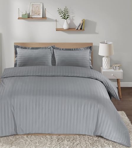 Casabella Satin Stripe Duvet Cover Sets -Luxurious King Silver Bedding with Satin Stripes, King size Duvet Cover Sets, Hotel Quality King Size Duvet & Pillowcases, Silver Duvet King Size