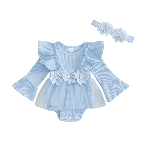 Infant Newborn Baby Girl Fall Winter Outfit Clothes Flare Long Sleeve Ruffle 3D Flower Mesh Tulle Tutu Romper Dress (Blue, 18-24 Months)