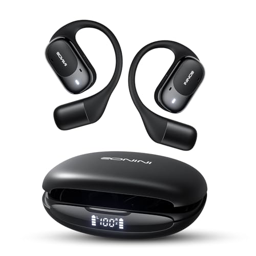 Eonini 2025 Open Ear Earbuds Wireless Bluetooth Headphones, Earhook Sports Earphones with Mic, 40Hrs Playtime, Smart Digital Display, IPX5 Waterproof for Running, Gym, Cycling(Black)
