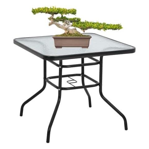 BSTOPHKL Outdoor Patio Table with Umbrella Hole, 32 inches Tempered Glass Top Square Patio Table,Conversation Coffee Table Metal Steel Frame All-Weather Furniture for Balcony, Backyard and Poolside Cover