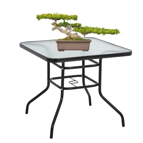 BSTOPHKL Outdoor Patio Table with Umbrella Hole, 32 inches Tempered Glass Top Square Patio Table,Conversation Coffee Table Metal Steel Frame All-Weather Furniture for Balcony, Backyard and Poolside