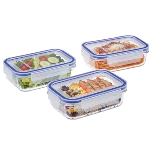 Image of Amazon Brand - Solimo Rectangular Glass Food Storage Container, 340 ml - Set of 3, Airtight & Leakproof, Microwave & Freezer Safe, Transparent