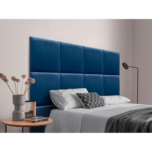 DHOME Cabecero Tapizado Compuesto de Paneles Autoadhesivos Intercambiables de Terciopelo Cama Lujo Dormitorio Acolchado (Azul, 150cm)
