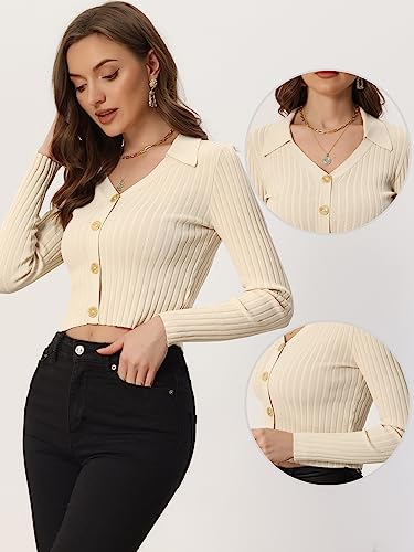 Allegra K V Neck Crop Sweater Tops For Women's Ribbed Knit Casual Long Sleeve Solid Sweater Pullover Top Large Beige #TOP26