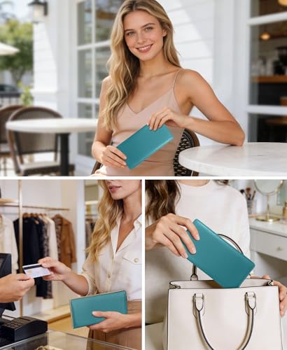 Image of Immaturus Womens Wallet, Blue Slim Thin RFID Blocking Card Wallets, Bifold PU Leather Credit Card Holder Organizer, Cute Cash Clutch Long Billfold with Zipper Coin Pocket Ladies Girls Gift