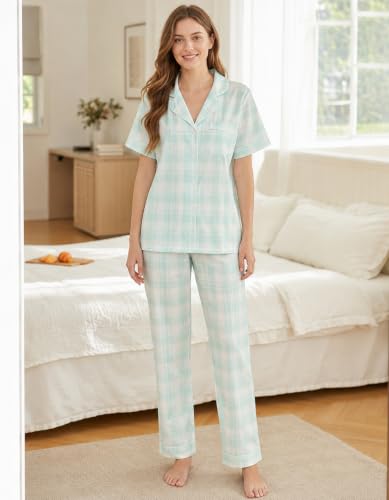 Image of NAP BOUND 100% Cotton Women Pajama Sets Button Down Short Sleeve Sleepwear Soft Pjs 2 Piece Lounge Set with Pocket XS-XXL