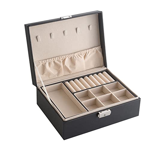 Yaasier Joyeros para Niñas y Mujeres, 2 Capas de Almacenamiento de Joyas de Piel Sintética, Joyero Organizador con Llave para Mujeres, Anillos, Pendientes, Pulseras, Collares (Negro)