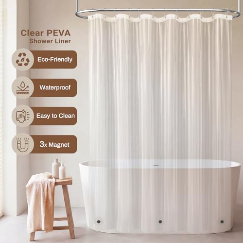 Image of BTTN 3 in 1 Shower Curtain with PEVA Liner, Tan Boho Linen Fabric Shower Curtain Set with Plastic Hook, Farmhouse Bohemian Country Cute Waterproof Cloth Shower Curtain for Bathroom, Taupe, 72x72
