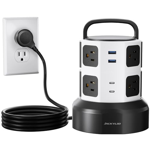 JACKYLED Power Strip Tower Surge Protector, 8 AC 4 USB (2 USB C), 1050J, 6.5Ft Retractable Extension Cord, 1625W/13A Outlet Extender, USB Charging Station for Home Office Dorm