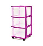 Homz 3 Drawer Plastic Storage and Organizer Cart, Rolling Cabinet for Home, Office, Classroom, Craft, Art Supplies, Purple Frame with Clear Drawers