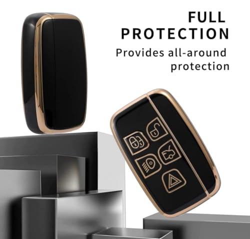 Image of TPU Car Key Cover Black & Golden Fit for Jaguar F-PACE F-Type Range Rover XF XJ XE, Discovery, Evoque, Velar, Sport, Defender (Land Rover & Jaguar, 5 Button Push Smart Key)