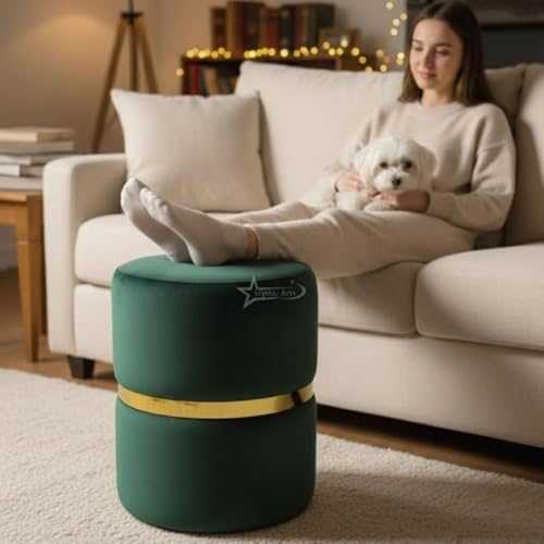 Image of Round Single Strip Upholstered Stool Living Room Foot Rest Linen Fabric Padded Seat Pouf Ottoman Office Stool Dark Green