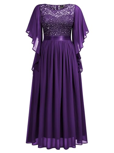 Image of Miusol Women's Plus Size Sequin Lace with Ruffle Cape Cloak Sleeves Elegant Evening Gown Wedding Guest Maxi Dress