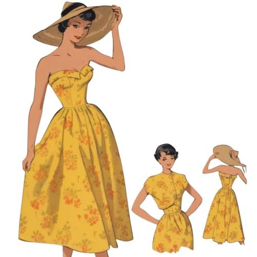 Schnittmuster aus den 1950er Jahren, trägerloses Sommerkleid und Bolerojacke – verschiedene Größen