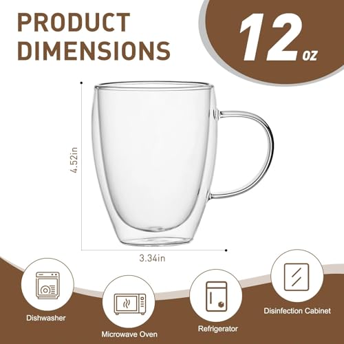 image for Wells 12 Oz Double Walled Glass Coffee Mugs with Handle, Insulated Lay