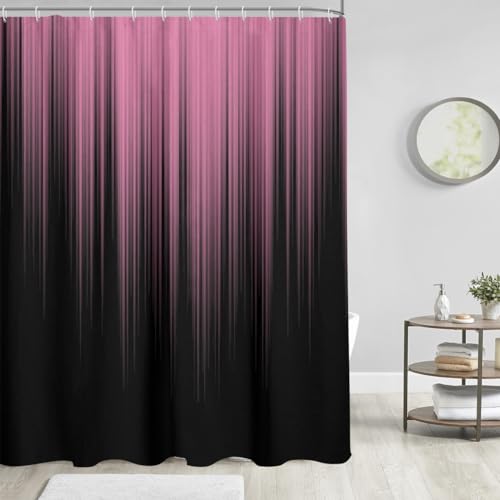 Image of AAtter Pink Black Ombre Shower Curtain, Extra Long 72x84 Inch, 12 Hooks | Modern Striped Polyester Fabric, Cute Abstract Preppy Style, Dark Cool Anime Design, Trendy Bathroom Decor for Women