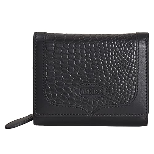 ASHIBO Tri Fold Nappa Flat Geniune Leather Large Capacity Croco Emobossed Printed Compact Wallet for Women With ID Windows Zipper Pocket Multipurpose Use