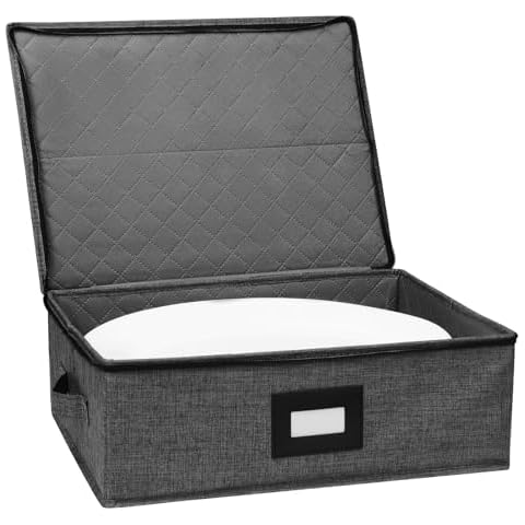 Gowee China Storage Containers Hard Shell, Platter Storage 17" x 13" x 6" for Dinnerware Storage and Transport, 5 Felt Dividers Included, Structured Top and Stackable (Black) Cover