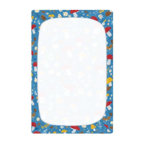 Image of Crib Sheet Breathable Soft Crib Mattress Sheet for Baby Toddler Boys Girls Fitted Pack n Play Crib Sheet Fit Standard Crib Mattress 52 x 28 Inch Blue Mushroom Daisy Leaf