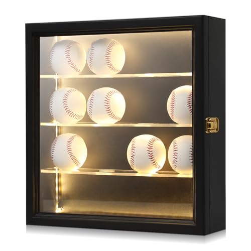 Wonderjune 16 Baseball Display Case with LED Light Acrylic Baseball Holder for Balls UV Protection Wall Mount Baseball Box with Lock Autographed Cabinet Rack for Collector Autographed Baseball