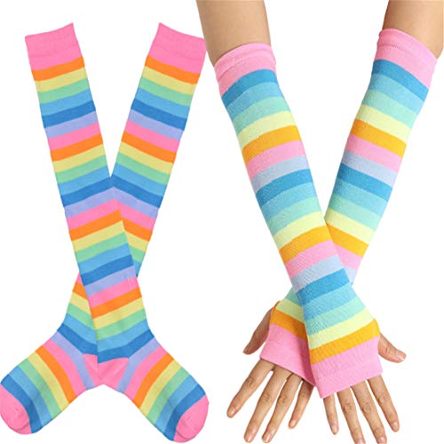 Womens Rainbow Socks Striped Knee High Socks Arm Warmer Fingerless Gloves Set (Pink)