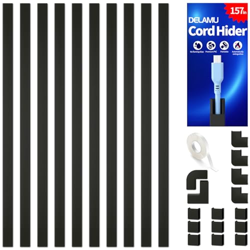 Delamu 157in Cord Covers for Wires on Wall, Cord Hider for 1 Cord, Paintable Cable Hider, Cable Management Wire Covers for Cords,W0.55 H0.4in, Black