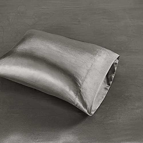Image of Madison Park Essentials Satin Sheets Full Size Bed Set, 6 Piece, Grey | Luxury and Smooth Silky Bedding with Natural Sheen, All Around Elastic 14 inch Pocket fits up to 16 inch Mattress, Year-Round Cozy