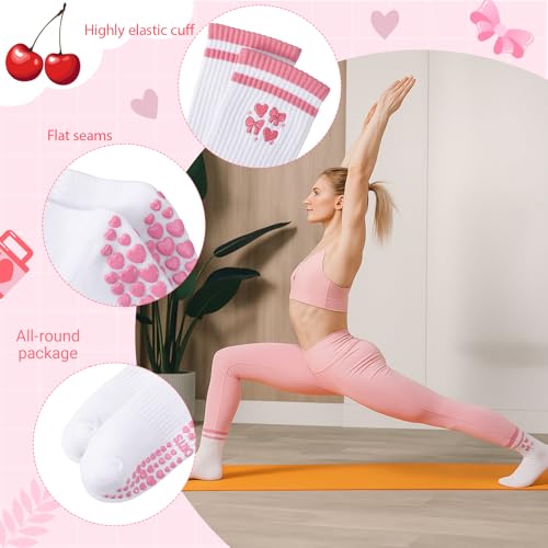 Image of Jspupifip 3 Pairs Cute Pilates Socks with Grips for Women Non Slip Yoga Grippy Socks Embroidery Cherry Athletic Crew Sock for Barre Ballet Barefoot Workout Hospital
